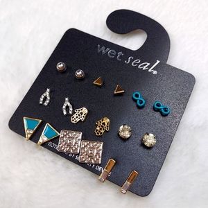 Wet Seal 9 Pair Post Earring Set | Silver Gold Teal Colored Metal